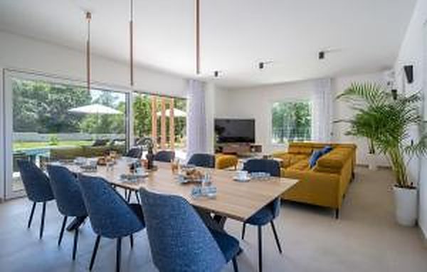 The dining table and living room