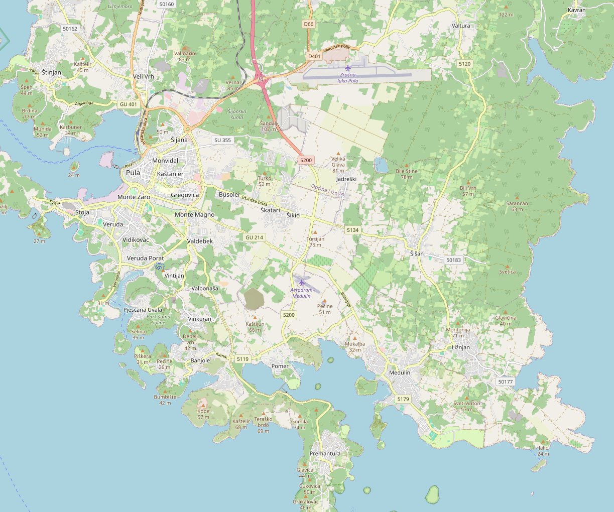 Map of southern Istria showing Villa Jasmina near Ližnjan, with rings at 5 and 10 km